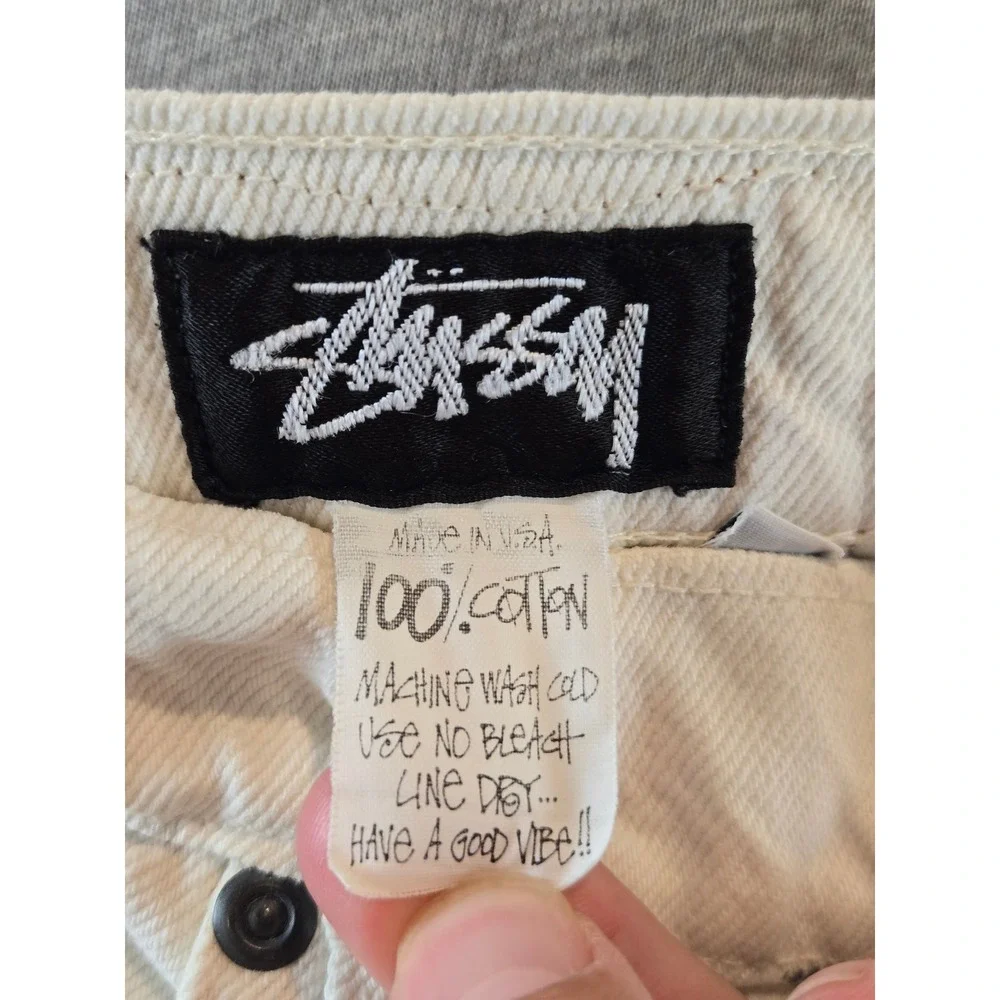 Vintage Stussy Jeans Mens 34 Cream Baggy Made USA Button Fly Denim 80's Skater